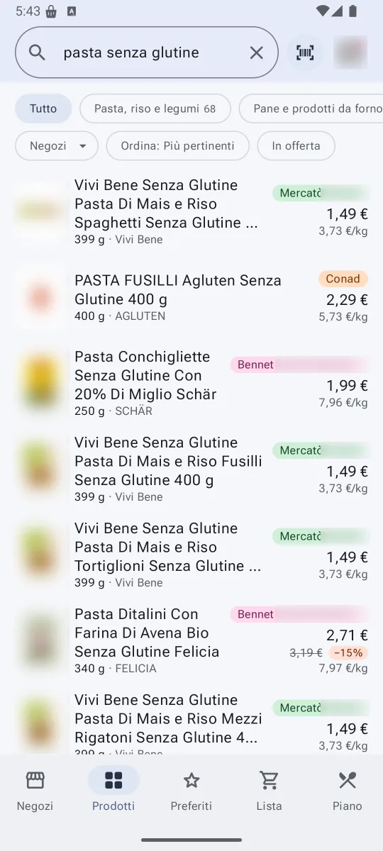 I risultati della ricerca «pasta senza glutine»: spaghetti, fusilli, conchigliette e ditalini senza glutine di negozi diversi, ognuno con il prezzo, il prezzo al chilo e il negozio in cui costa meno.